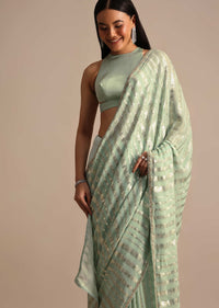 Light Green Embroidered Georgette Saree With Unstitched Blouse