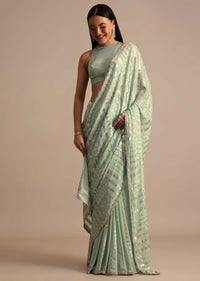 Light Green Embroidered Georgette Saree With Unstitched Blouse