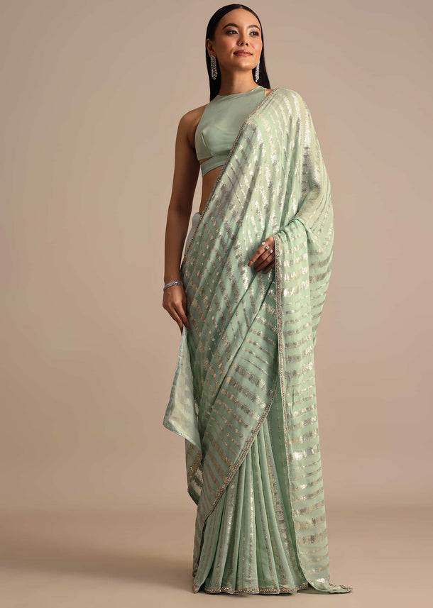 Light Green Embroidered Georgette Saree With Unstitched Blouse