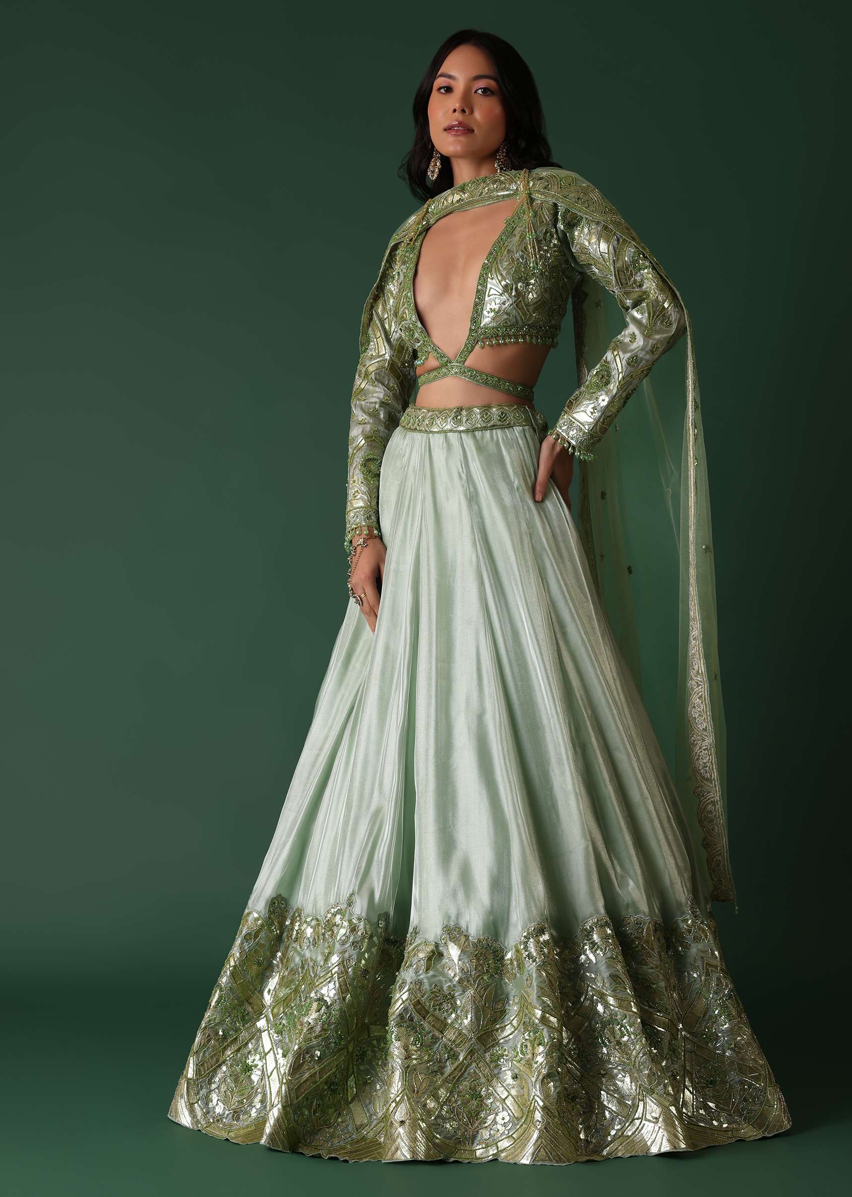 Light Green Foil Printed Bridal Lehenga And Blouse In Organza