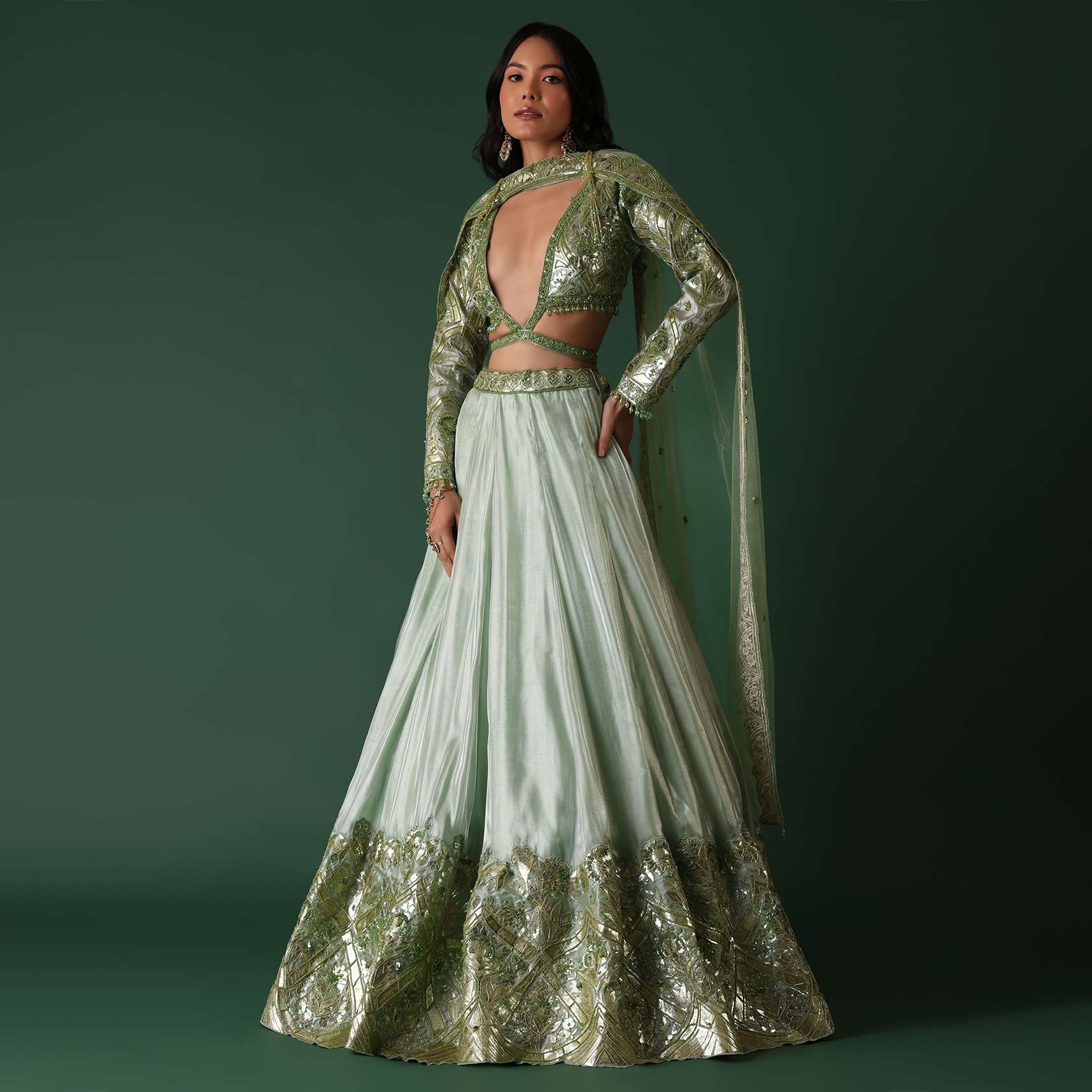 Light Green Foil Printed Bridal Lehenga And Blouse In Organza