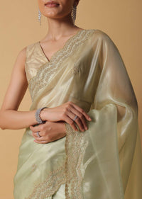 Light Green Foil Saree In Tissue With Cut Dana Embroidered Borders