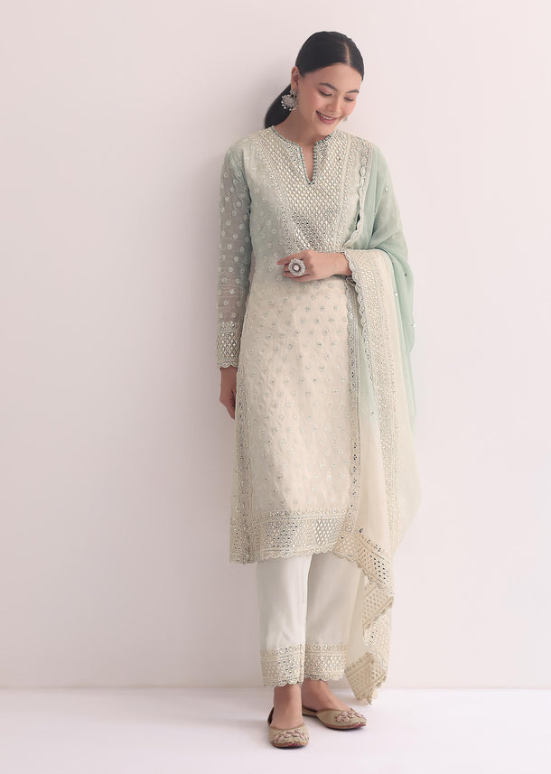 Light Green Kurti Pant Set With Foil Mirror Work