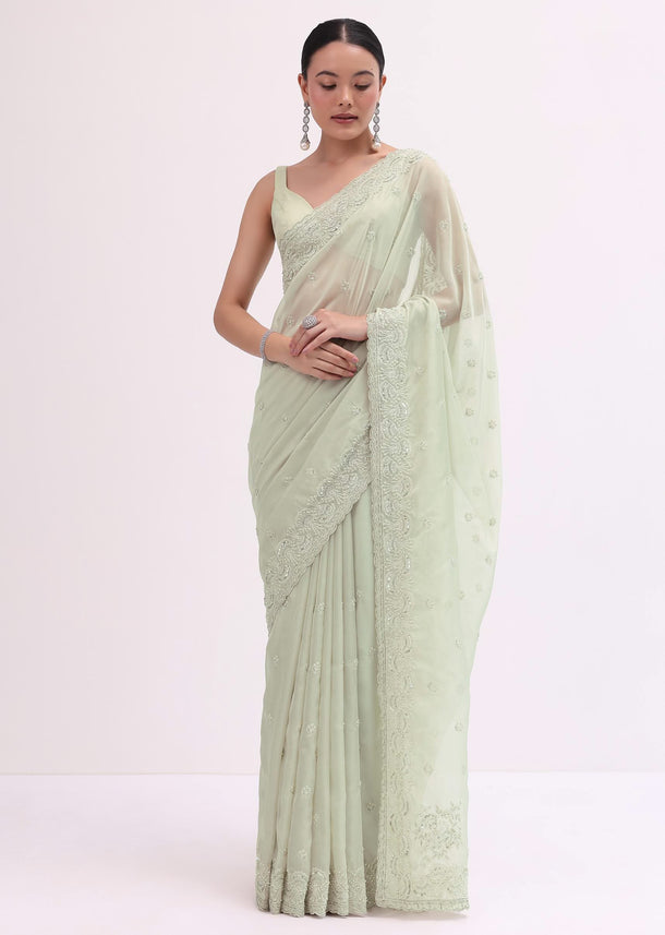 Light Green Organza Saree With Unstitched Blouse
