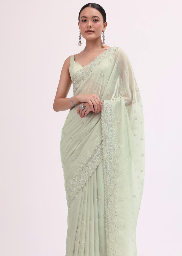 Light Green Organza Saree With Unstitched Blouse