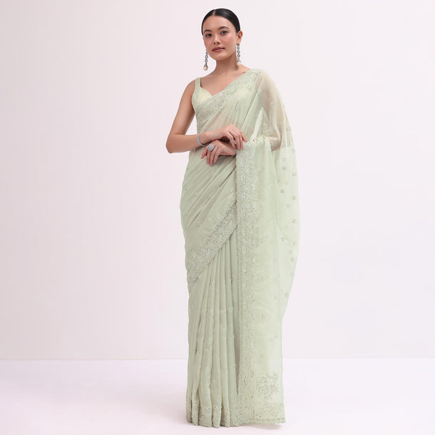 Light Green Organza Saree With Unstitched Blouse