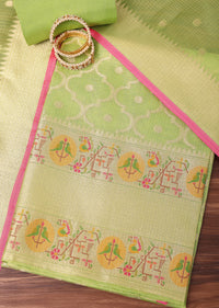 Light Green Paithani Woven Silk Dress Material