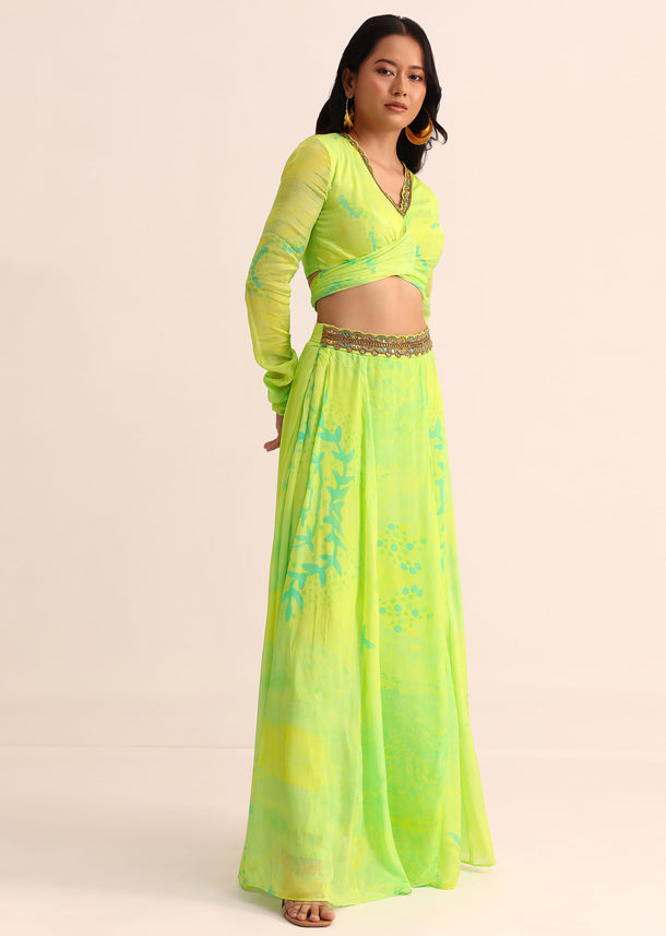 Light Green Printed Chiffon Crop Top And Palazzo