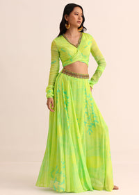 Light Green Printed Chiffon Crop Top And Palazzo