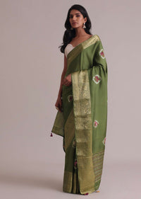 Light Green Resham 3D Bud Embroidered Saree With Brocade And Thread Work In Dola Crepe