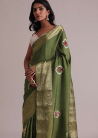 Light Green Resham 3D Bud Embroidered Saree With Brocade And Thread Work In Dola Crepe
