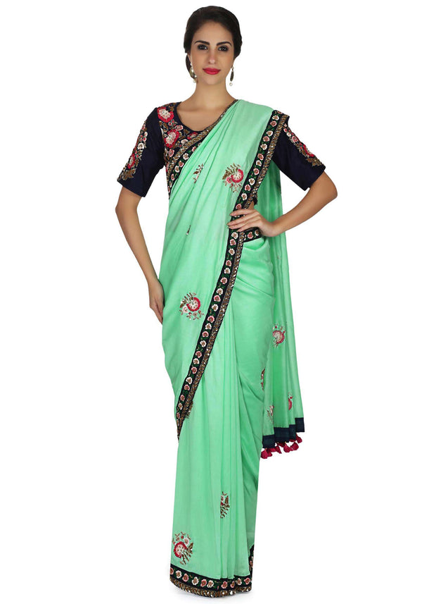 Light Green Saree In Satin With Resham Embroidered Butti And Border Online - Kalki Fashion