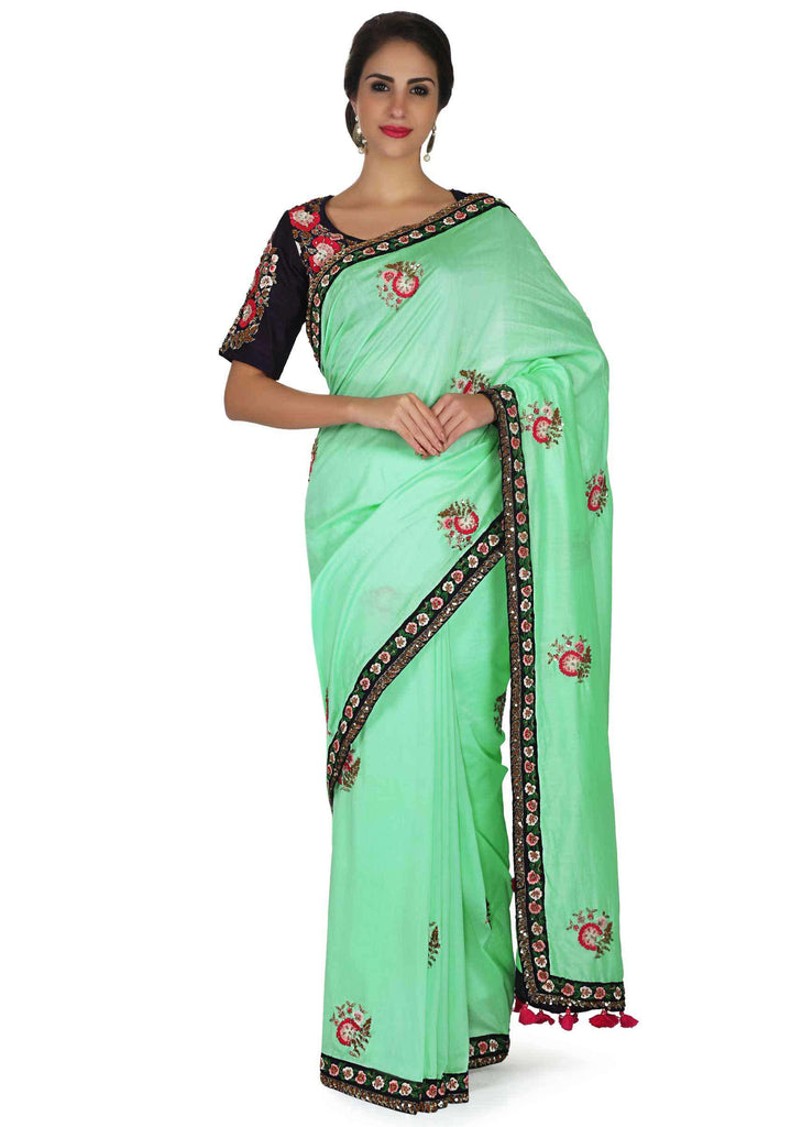 Light Green Saree In Satin With Resham Embroidered Butti And Border Online - Kalki Fashion