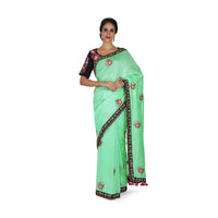 Light Green Saree In Satin With Resham Embroidered Butti And Border Online - Kalki Fashion