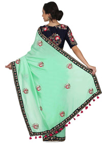 Light Green Saree In Satin With Resham Embroidered Butti And Border Online - Kalki Fashion