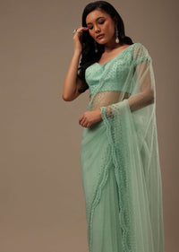 Light Green Stone And Beads Embellished Net Saree