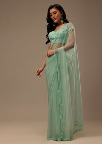 Light Green Stone And Beads Embellished Net Saree