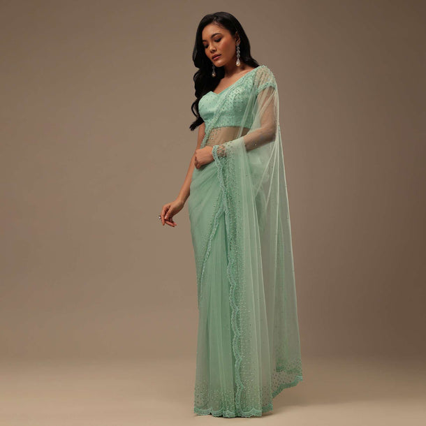 Light Green Stone And Beads Embellished Net Saree