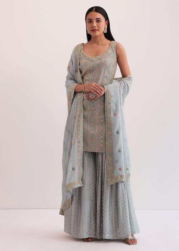 Light Grey Embroidered Sharara Set