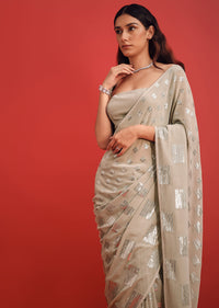 Light Grey Georgette Embroidered Saree In Sequins With Unstitched Blouse
