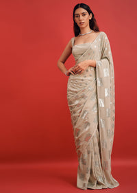 Light Grey Georgette Embroidered Saree In Sequins With Unstitched Blouse