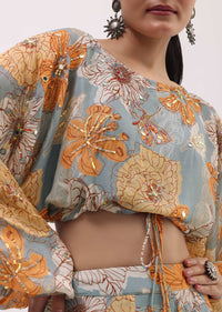 Light Grey Printed Chiffon Crop Top And Skirt