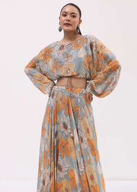 Light Grey Printed Chiffon Crop Top And Skirt