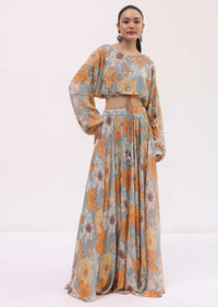 Light Grey Printed Chiffon Crop Top And Skirt