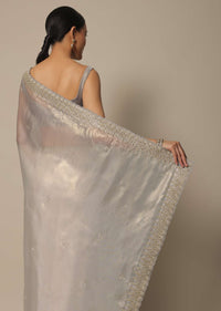 Light Grey Tissue Saree With Bead And Cutdana Work And Unstitched Blouse Piece