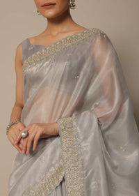 Light Grey Tissue Saree With Bead And Cutdana Work And Unstitched Blouse Piece