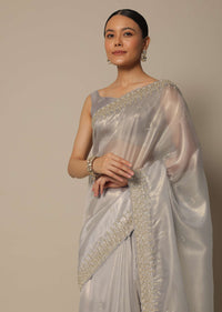 Light Grey Tissue Saree With Bead And Cutdana Work And Unstitched Blouse Piece