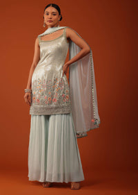 Light Mint Green Kurti And Sharara Set In Georgette With Sequins Work