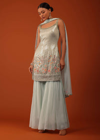 Light Mint Green Kurti And Sharara Set In Georgette With Sequins Work