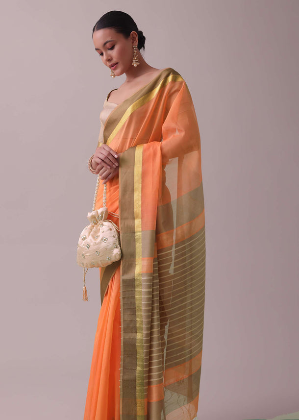 Light Orange Handloom Chanderi Silk And Cotton Saree With Zari Work