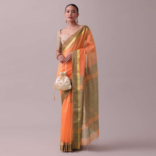 Light Orange Handloom Chanderi Silk And Cotton Saree With Zari Work