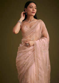 Light Peach Organza Sequins Saree With Cutdana And Stone Embroidery