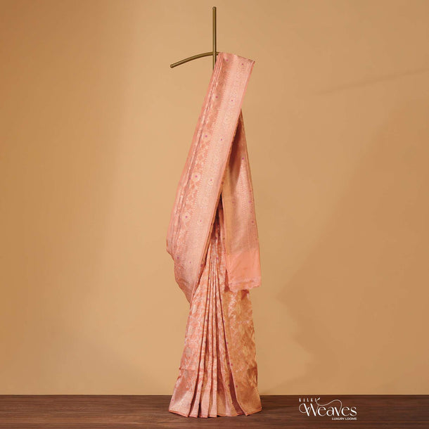 Light Peach Pink Handloom Banarasi Saree In Uppada Silk With Meenakari Weave And Unstitched Blouse