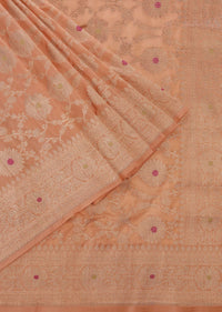 Light Peach Pink Handloom Banarasi Saree In Uppada Silk With Meenakari Weave And Unstitched Blouse