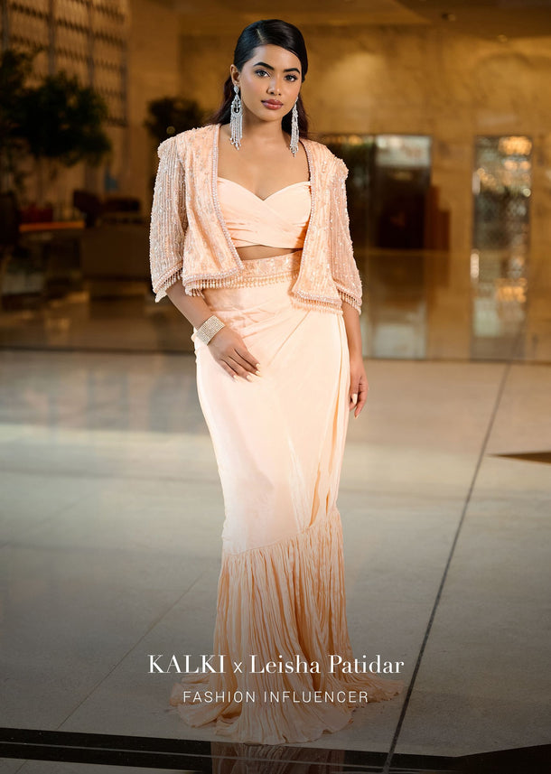 Light Peach Pleated Blouse With Short Jacket And Draped Frill Skirt