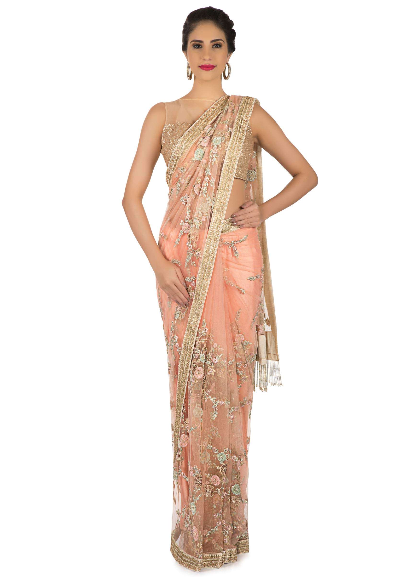 Light peach saree in net with resham and velvet floral embroidery