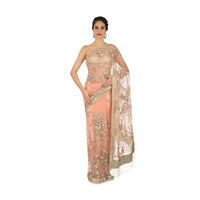 Light peach saree in net with resham and velvet floral embroidery