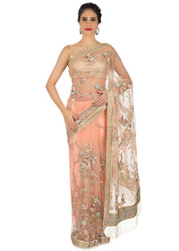 Light peach saree in net with resham and velvet floral embroidery only on Kalki