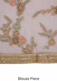 Light peach saree in net with resham and velvet floral embroidery