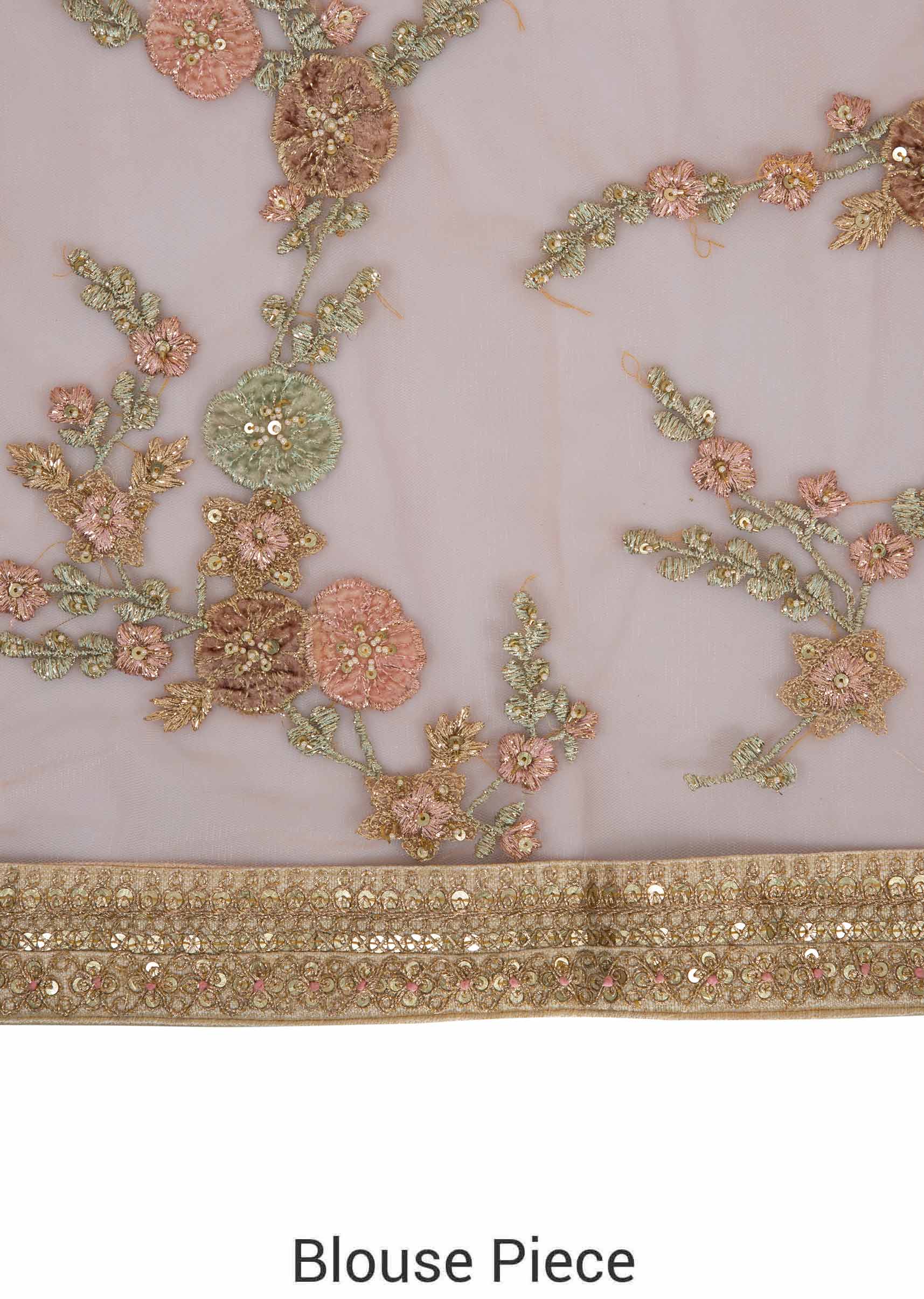 Light peach saree in net with resham and velvet floral embroidery