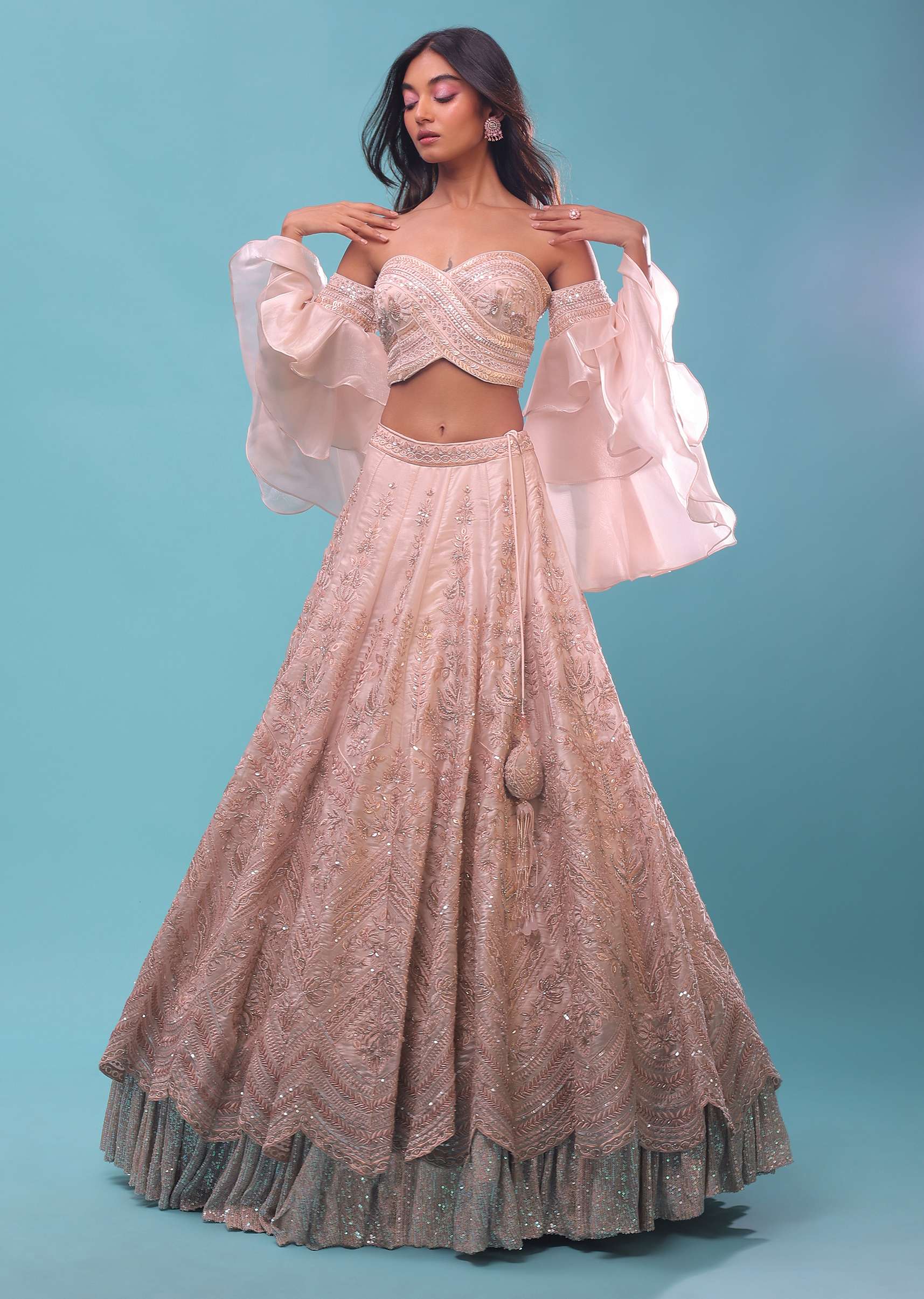 Light Pink Lehenga And Crop Top Set In Cut Dana Embroidery