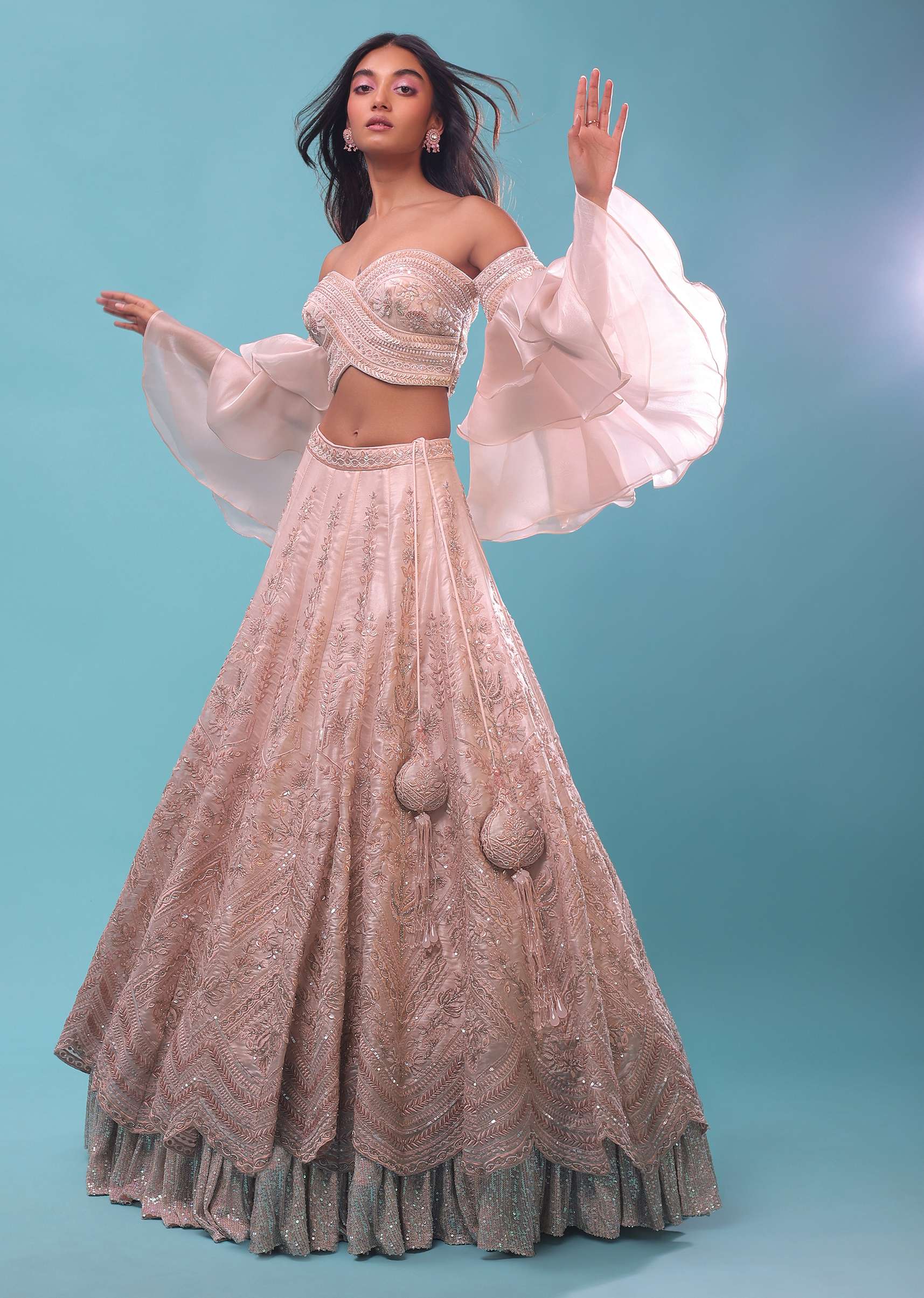 Light Pink Lehenga And Crop Top Set In Cut Dana Embroidery