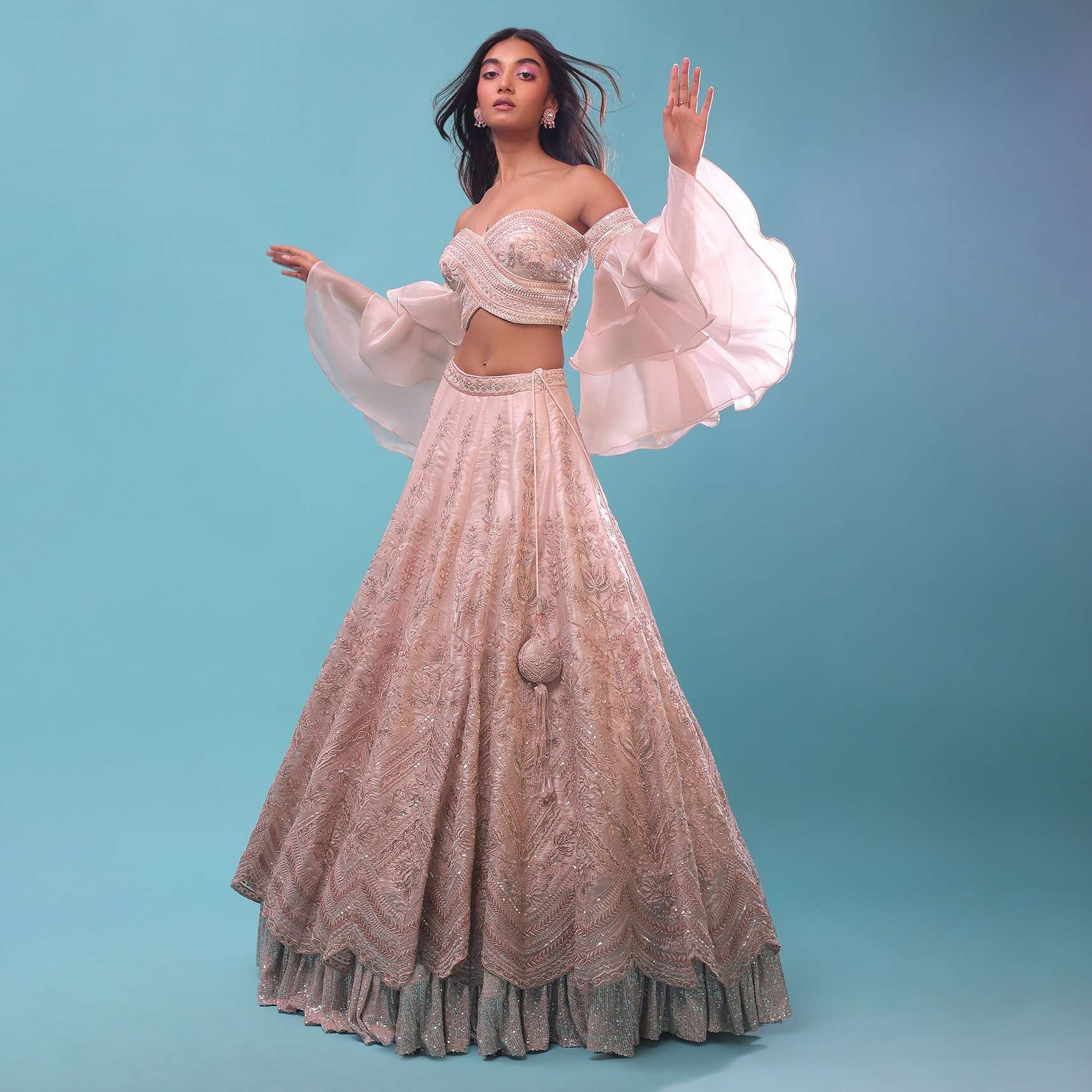 Light Pink Lehenga And Crop Top Set In Cut Dana Embroidery