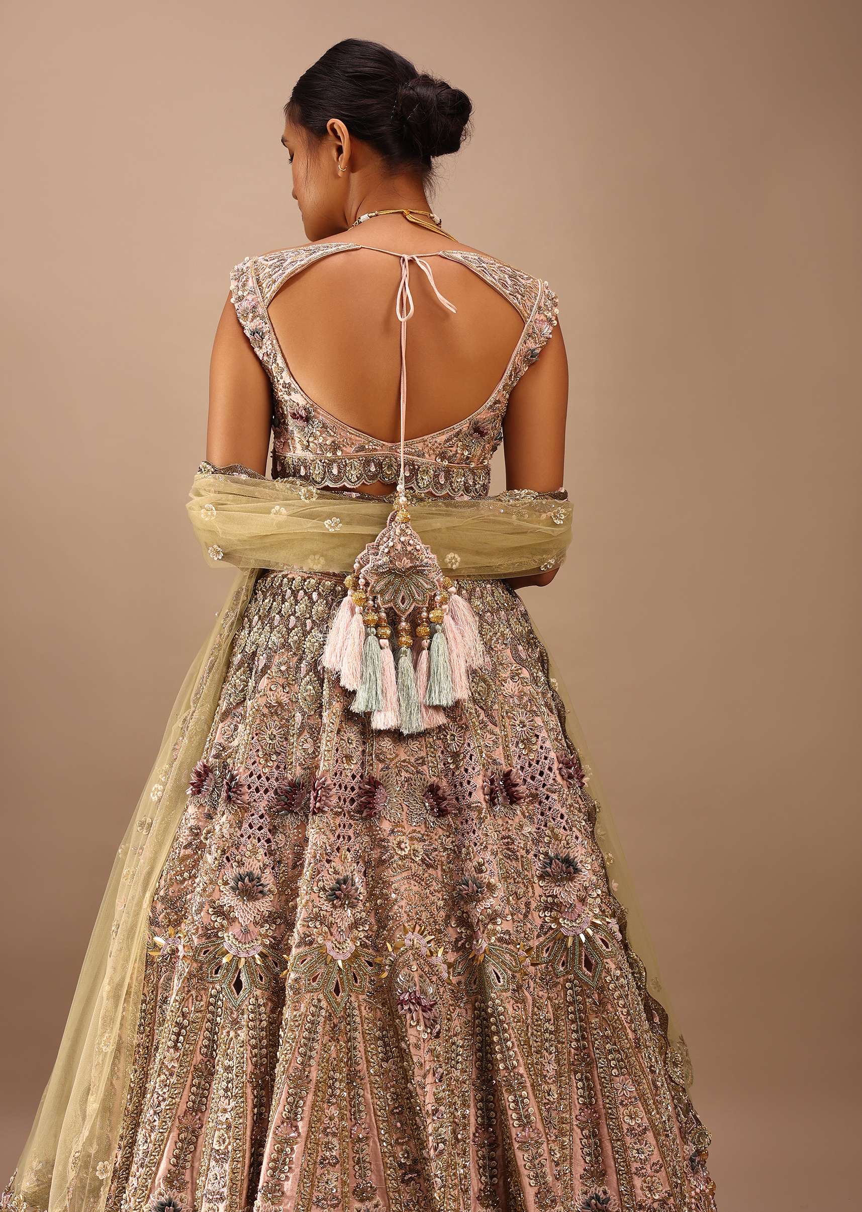 Light Pink Lehenga Choli With Multi Colored 3D Embroidered Kalis In Floral And Scallop Motifs