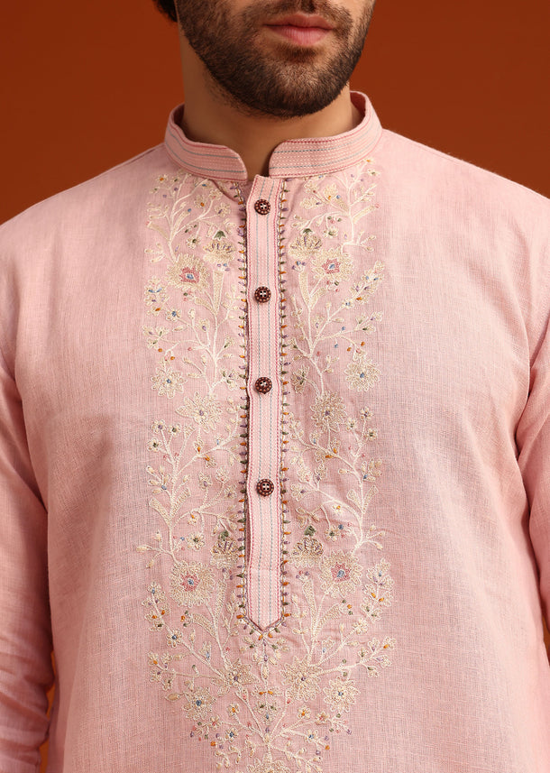 Light Pink Floral Thread Embroidered Kurta And Pant Set