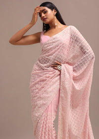 Light Pink Georgette Chikankari Jaal Work Saree With Unstitched Blouse